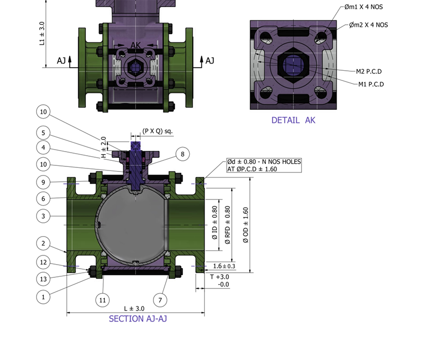 Electric 3 PC Flanged Ball Valve GAD Drawing