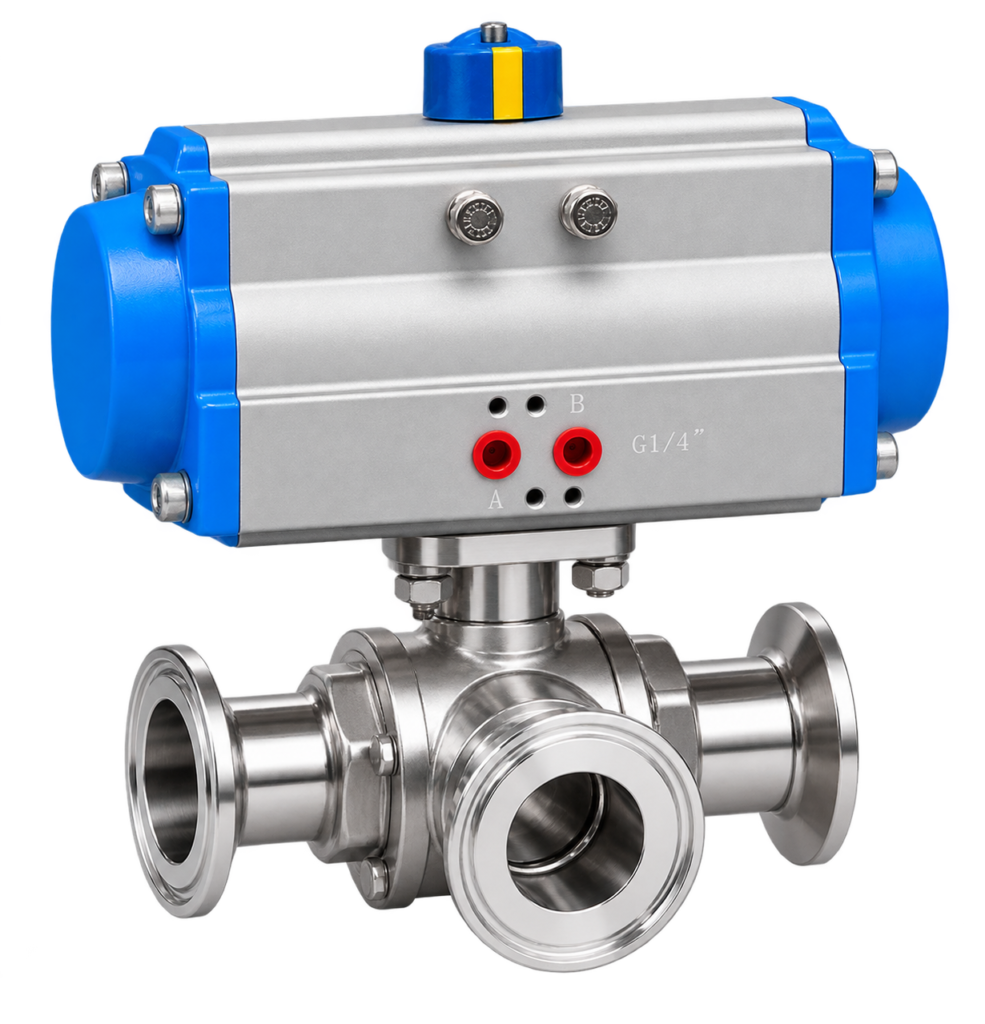 Pneumatic 3 Way TC End Ball Valve